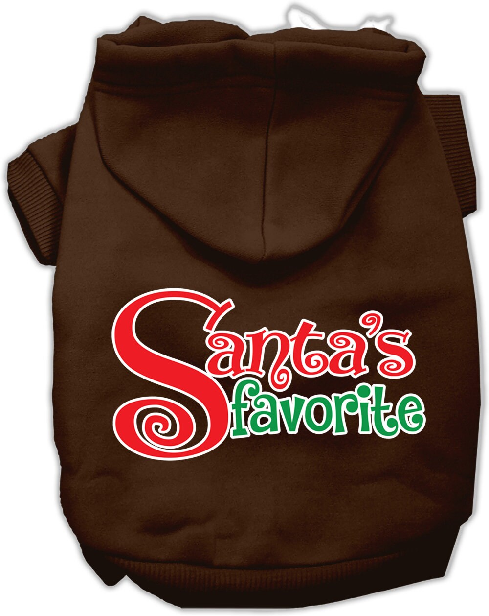 A cozy Christmas hoodie for pets, featuring the text 'Santa's Favorite' in festive colors, perfect for dogs and cats.