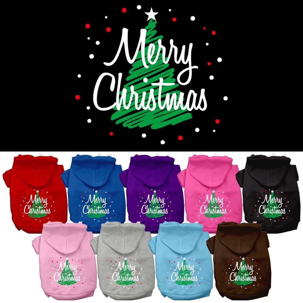 A cozy Christmas hoodie for dogs and cats, featuring a screen-printed 'Scribble Merry Christmas' design, perfect for festive occasions.