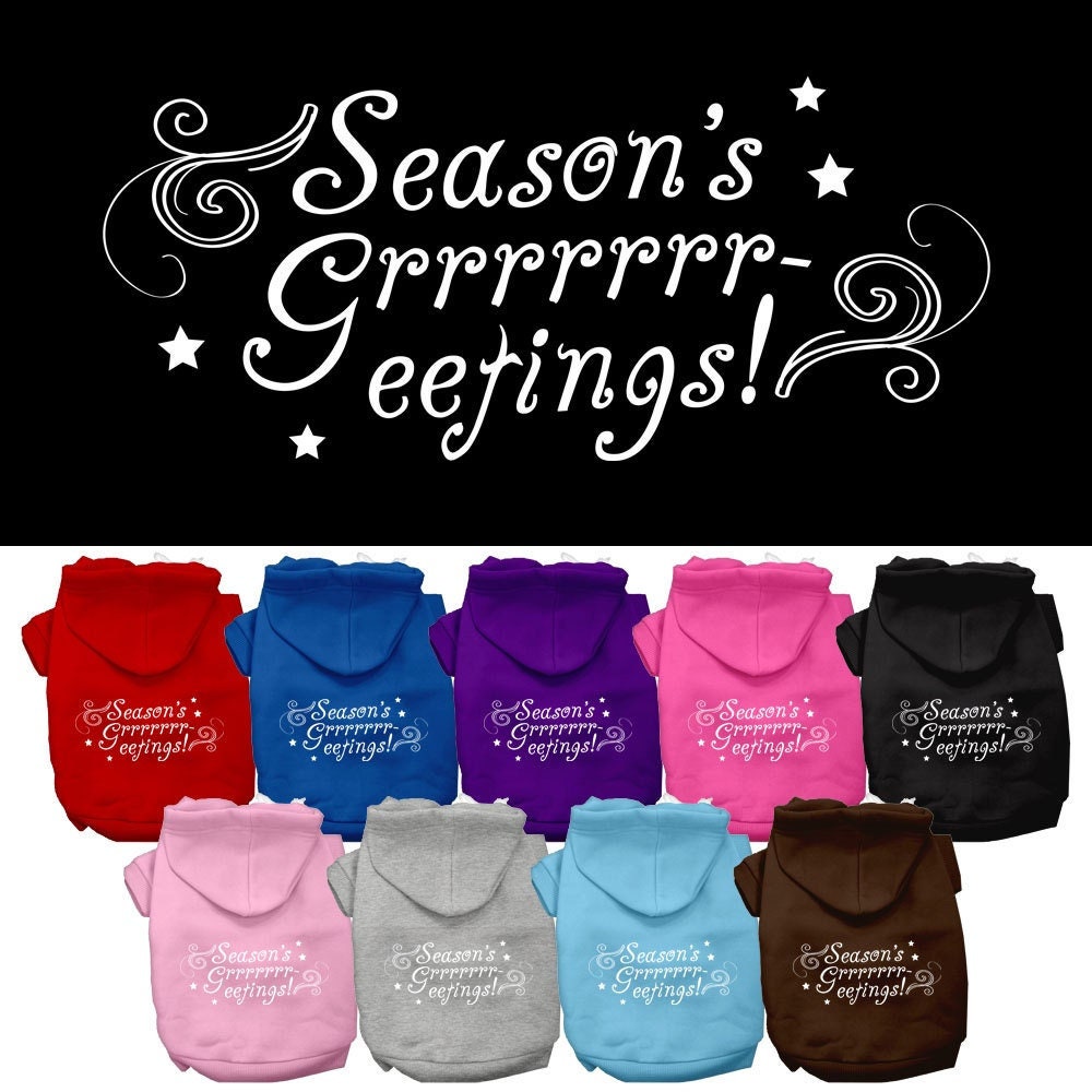 A cozy Christmas hoodie for dogs and cats, featuring a festive 'Season's Greetings' print, perfect for holiday celebrations.