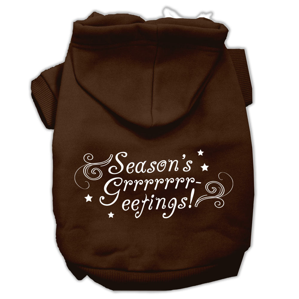 A cozy Christmas hoodie for dogs and cats, featuring a festive 'Season's Greetings' print, perfect for holiday celebrations.