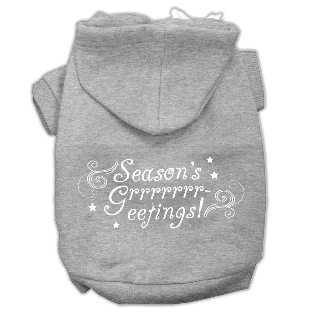 A cozy Christmas hoodie for dogs and cats, featuring a festive 'Season's Greetings' print, perfect for holiday celebrations.
