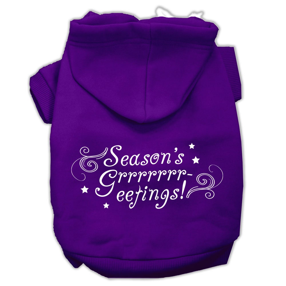 A cozy Christmas hoodie for dogs and cats, featuring a festive 'Season's Greetings' print, perfect for holiday celebrations.