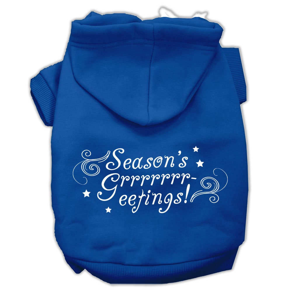 A cozy Christmas hoodie for dogs and cats, featuring a festive 'Season's Greetings' print, perfect for holiday celebrations.