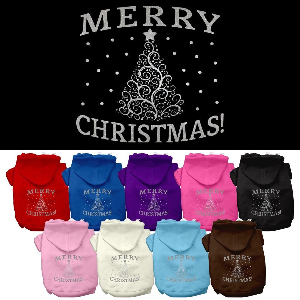 A cozy Christmas hoodie for dogs and cats featuring a shimmering Christmas tree design, perfect for festive occasions.