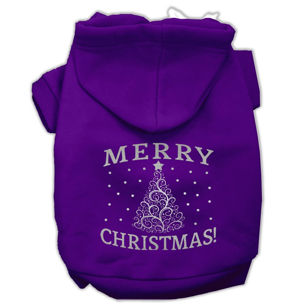 A cozy Christmas hoodie for dogs and cats featuring a shimmering Christmas tree design, perfect for festive occasions.