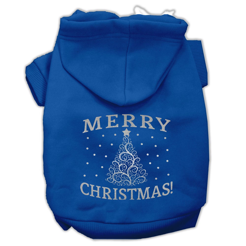A cozy Christmas hoodie for dogs and cats featuring a shimmering Christmas tree design, perfect for festive occasions.