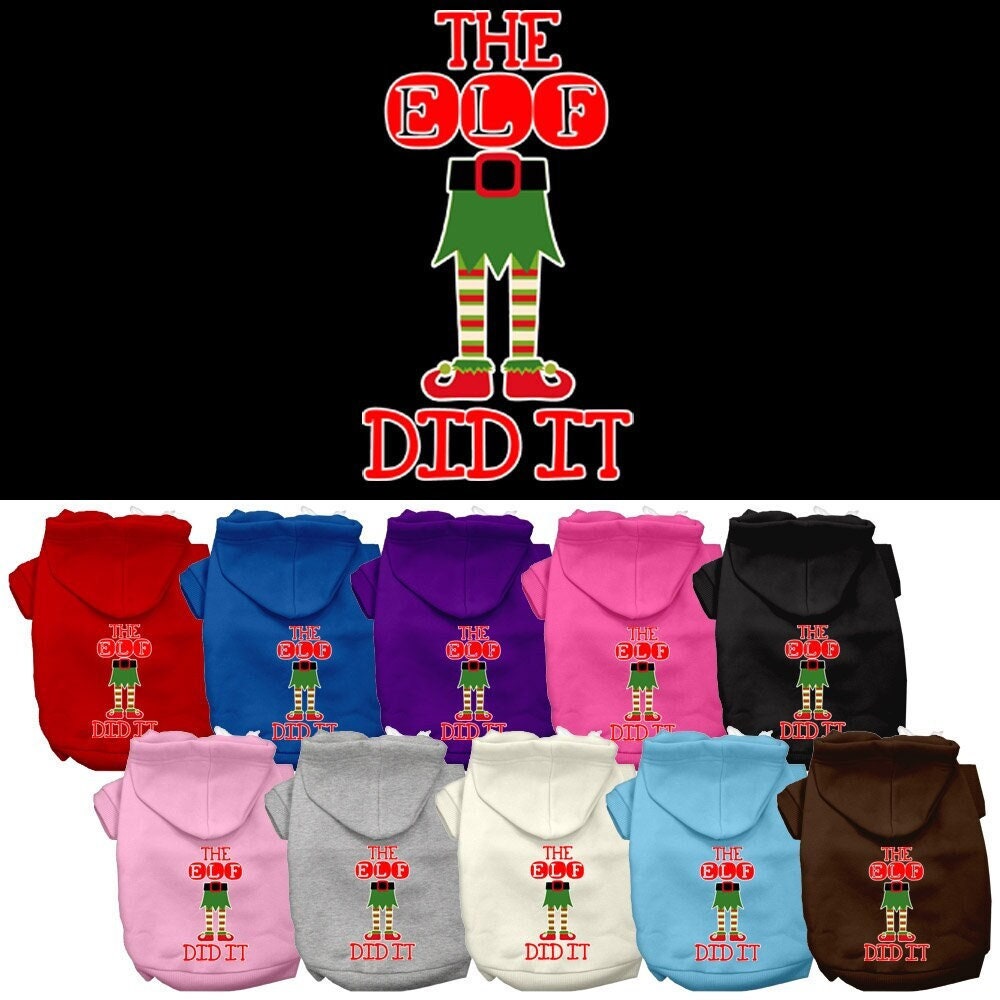 A cozy Christmas hoodie for pets, featuring the phrase 'The Elf Did It', designed for dogs and cats with a soft fabric blend and a leash access hole.