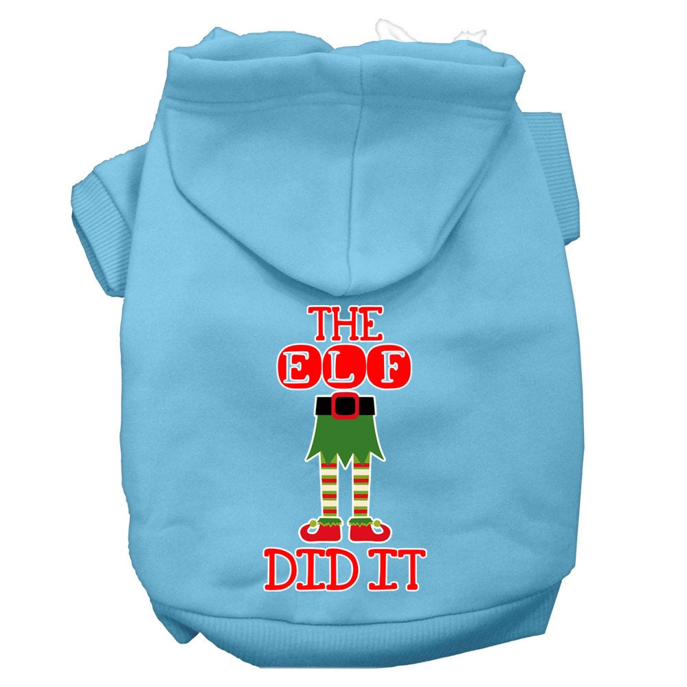 A cozy Christmas hoodie for pets, featuring the phrase 'The Elf Did It', designed for dogs and cats with a soft fabric blend and a leash access hole.