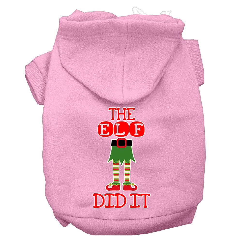A cozy Christmas hoodie for pets, featuring the phrase 'The Elf Did It', designed for dogs and cats with a soft fabric blend and a leash access hole.
