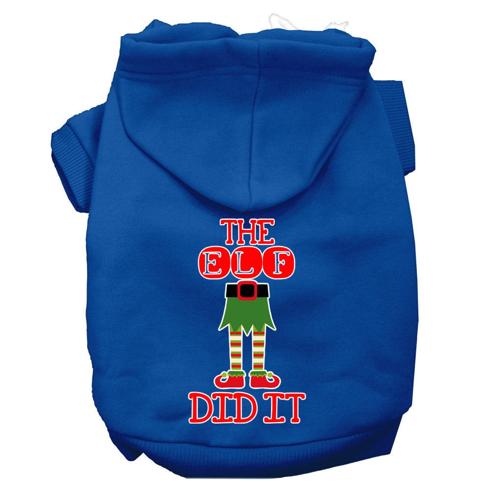 A cozy Christmas hoodie for pets, featuring the phrase 'The Elf Did It', designed for dogs and cats with a soft fabric blend and a leash access hole.
