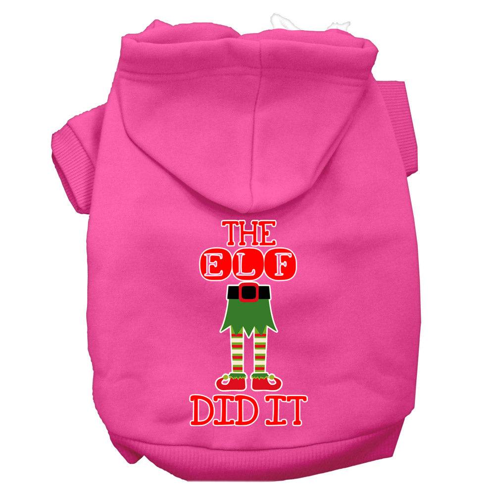 A cozy Christmas hoodie for pets, featuring the phrase 'The Elf Did It', designed for dogs and cats with a soft fabric blend and a leash access hole.