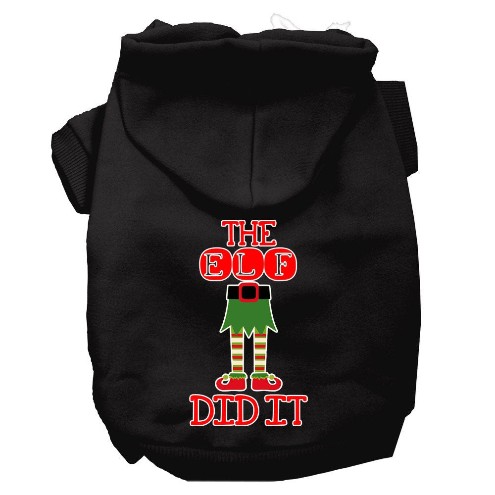 A cozy Christmas hoodie for pets, featuring the phrase 'The Elf Did It', designed for dogs and cats with a soft fabric blend and a leash access hole.