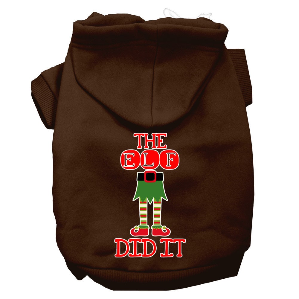 A cozy Christmas hoodie for pets, featuring the phrase 'The Elf Did It', designed for dogs and cats with a soft fabric blend and a leash access hole.