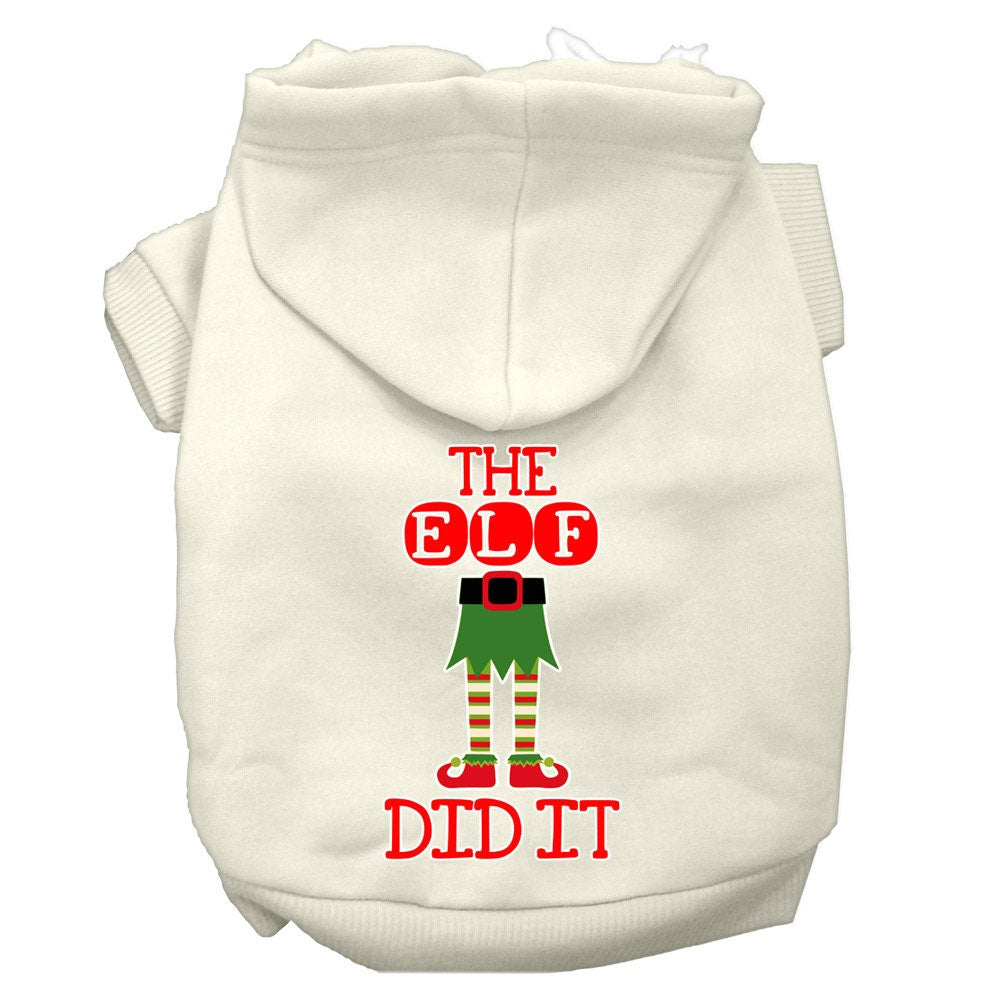 A cozy Christmas hoodie for pets, featuring the phrase 'The Elf Did It', designed for dogs and cats with a soft fabric blend and a leash access hole.