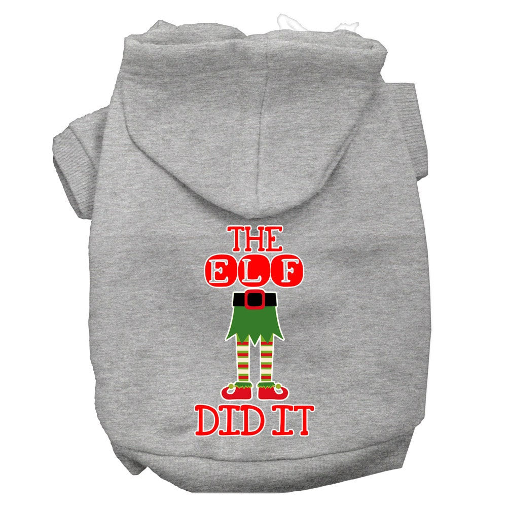 A cozy Christmas hoodie for pets, featuring the phrase 'The Elf Did It', designed for dogs and cats with a soft fabric blend and a leash access hole.