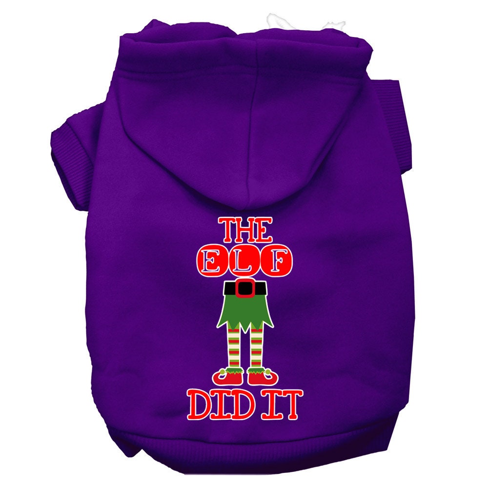A cozy Christmas hoodie for pets, featuring the phrase 'The Elf Did It', designed for dogs and cats with a soft fabric blend and a leash access hole.