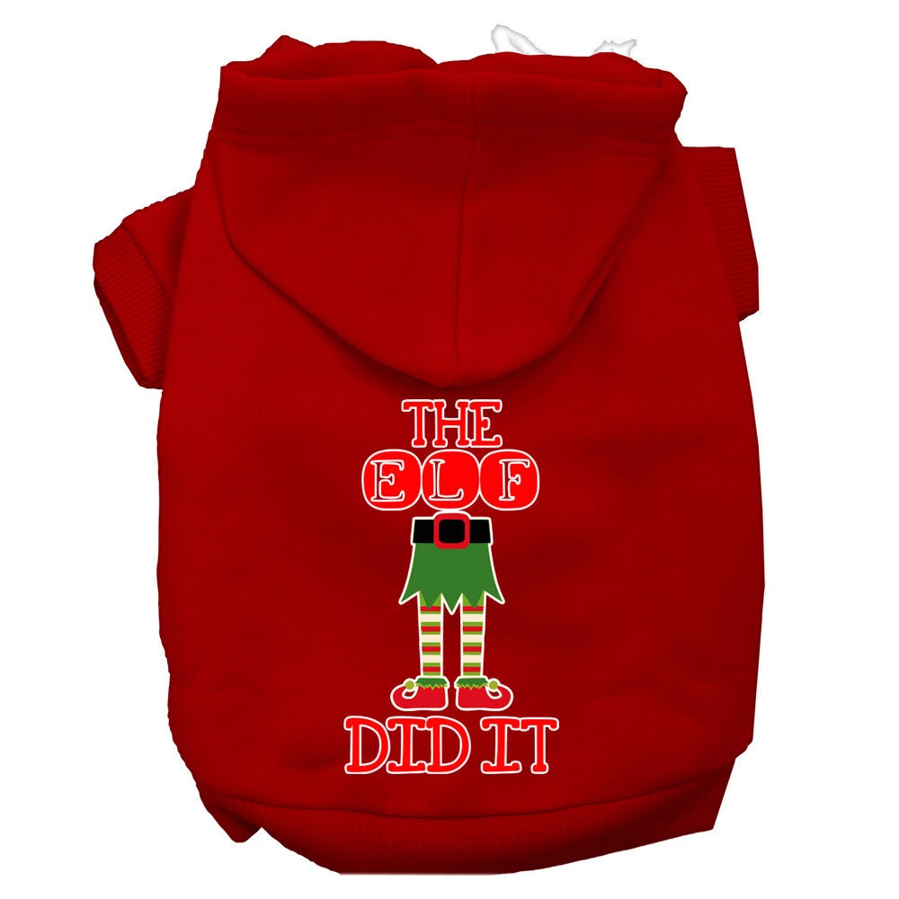 A cozy Christmas hoodie for pets, featuring the phrase 'The Elf Did It', designed for dogs and cats with a soft fabric blend and a leash access hole.