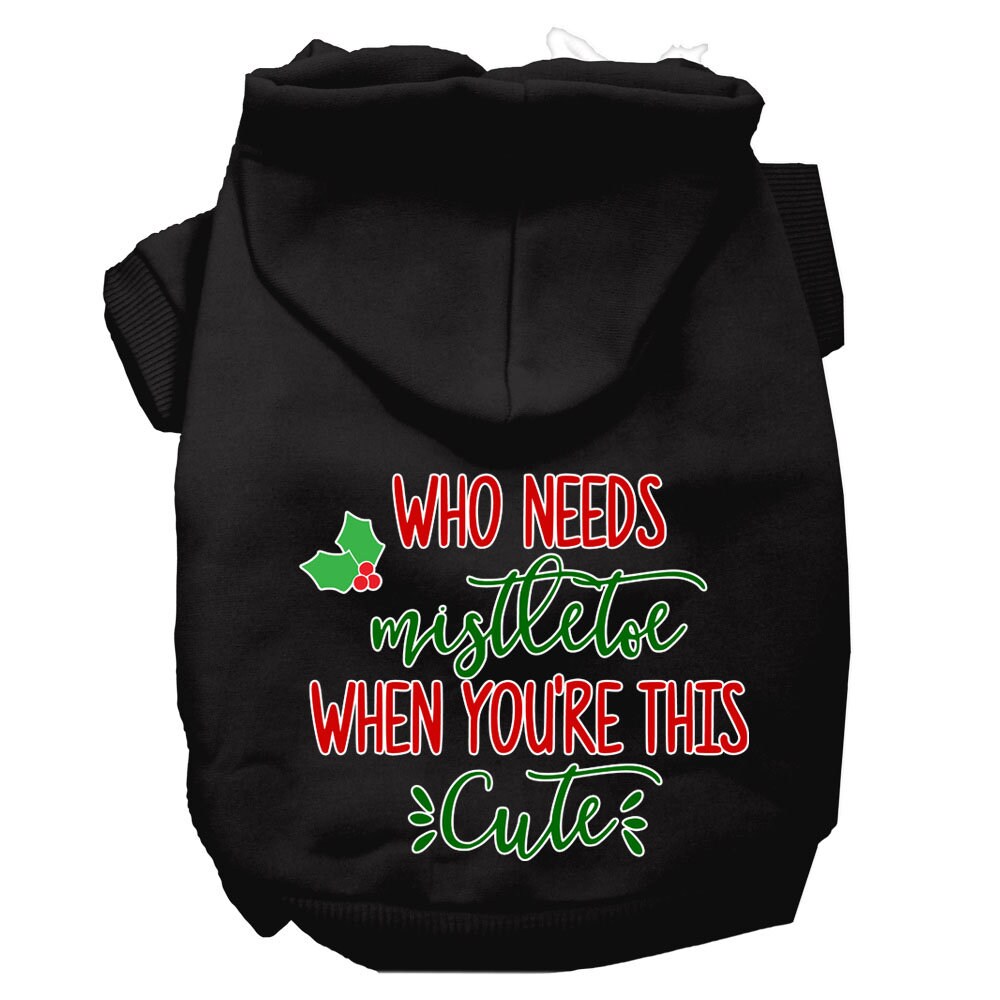 Christmas Pet Dog & Cat Hoodie with 'Who Needs Mistletoe' print, featuring a soft fabric and convenient leash access hole.