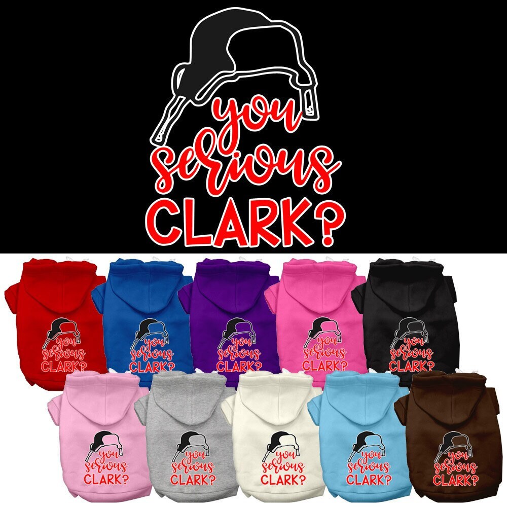 Christmas pet hoodie for dogs and cats with 'You Serious Clark?' printed design, showcasing a cozy and festive style.