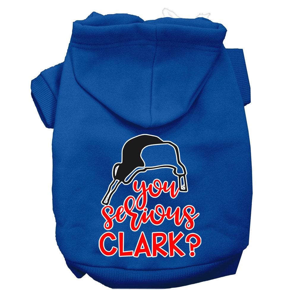 Christmas pet hoodie for dogs and cats with 'You Serious Clark?' printed design, showcasing a cozy and festive style.