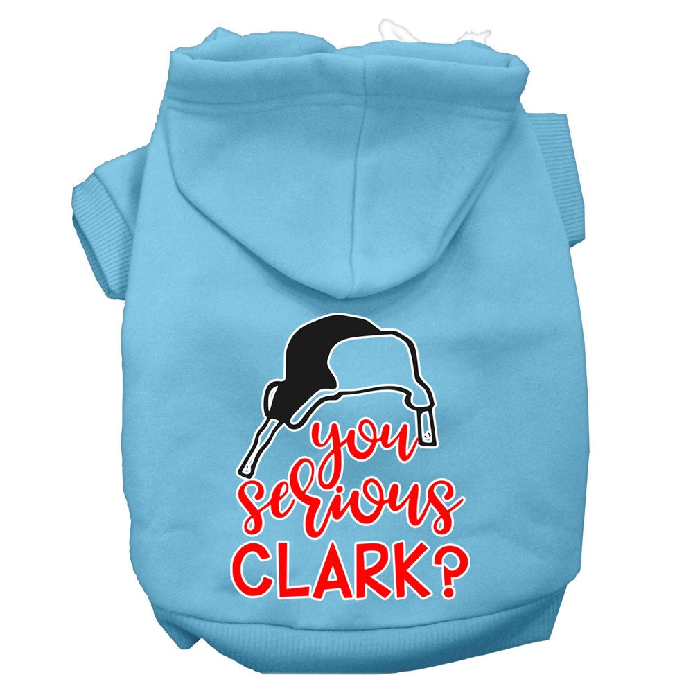 Christmas pet hoodie for dogs and cats with 'You Serious Clark?' printed design, showcasing a cozy and festive style.