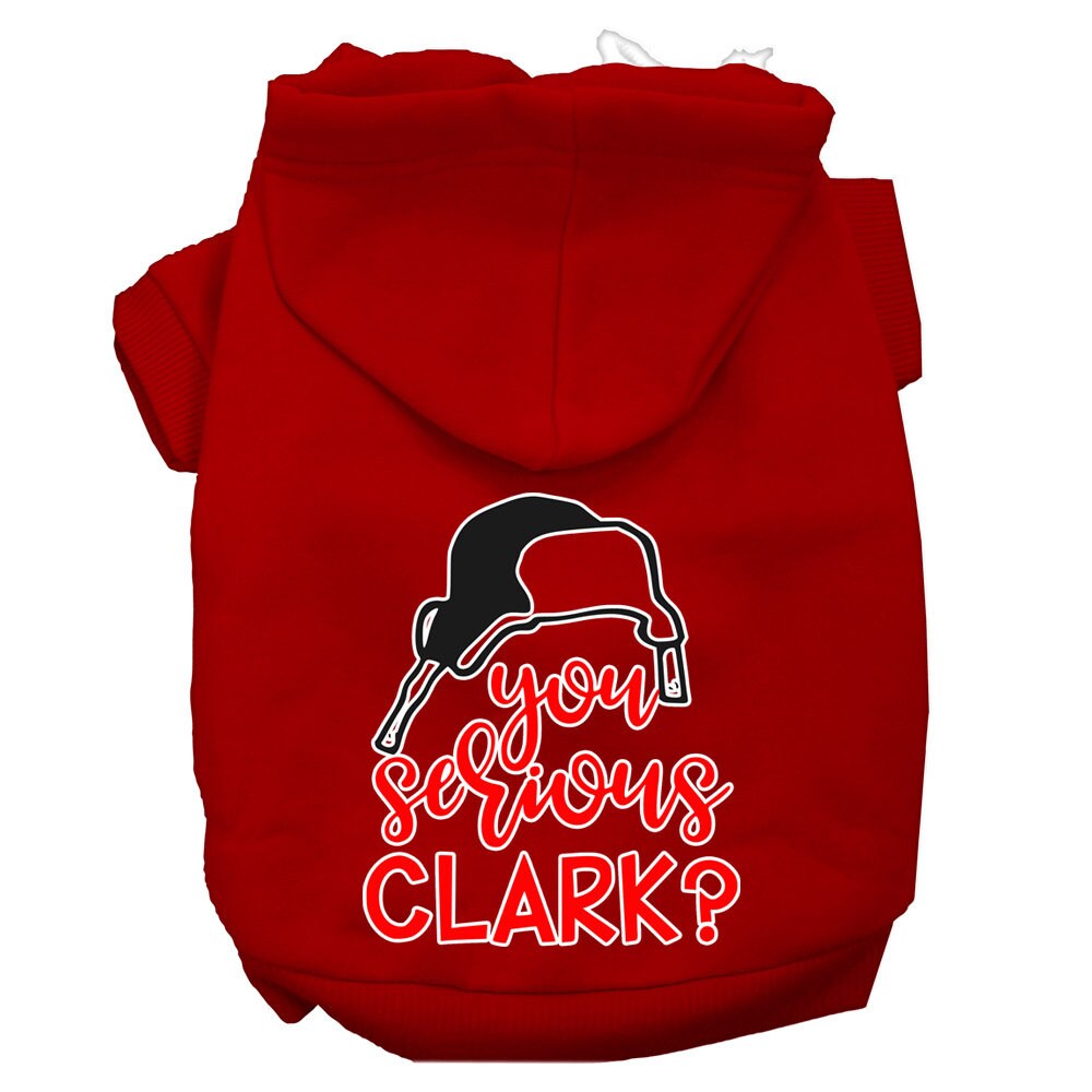 Christmas pet hoodie for dogs and cats with 'You Serious Clark?' printed design, showcasing a cozy and festive style.