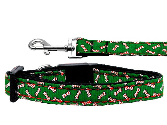 A festive nylon collar and leash set for dogs and cats featuring a Candy Cane Bones design, perfect for Christmas celebrations.