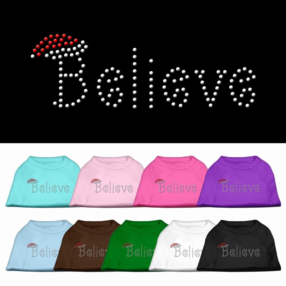 Christmas pet shirt for dogs and cats with rhinestone 'Believe' design, showcasing a festive and stylish look.