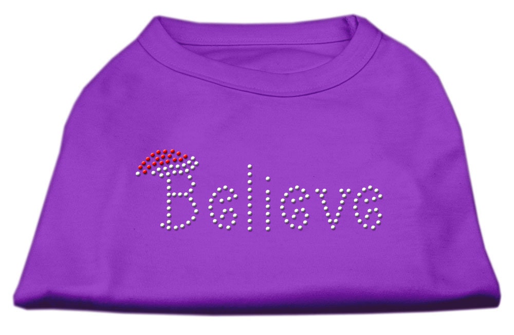 Christmas pet shirt for dogs and cats with rhinestone 'Believe' design, showcasing a festive and stylish look.