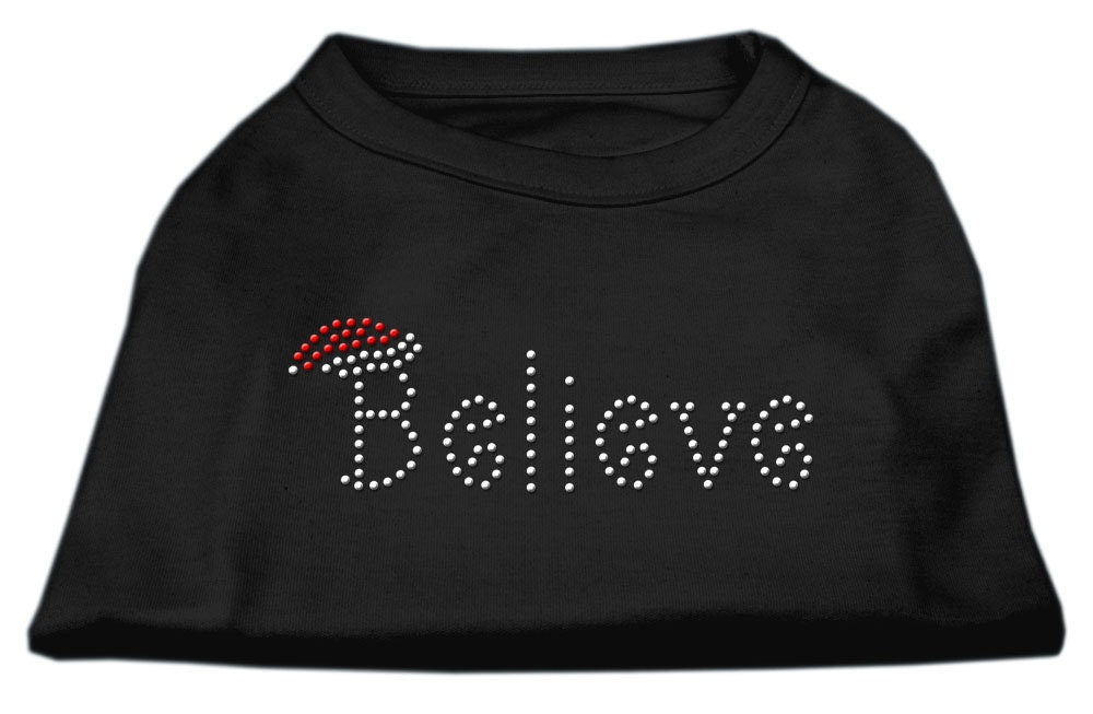 Christmas pet shirt for dogs and cats with rhinestone 'Believe' design, showcasing a festive and stylish look.