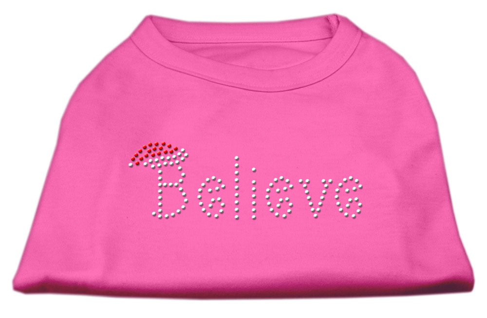 Christmas pet shirt for dogs and cats with rhinestone 'Believe' design, showcasing a festive and stylish look.