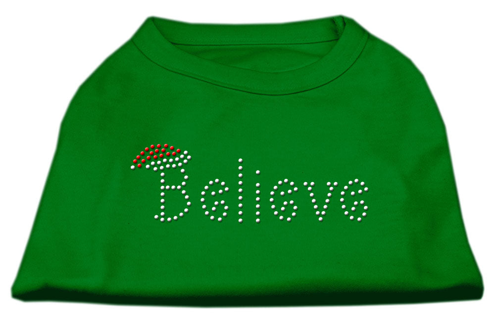 Christmas pet shirt for dogs and cats with rhinestone 'Believe' design, showcasing a festive and stylish look.