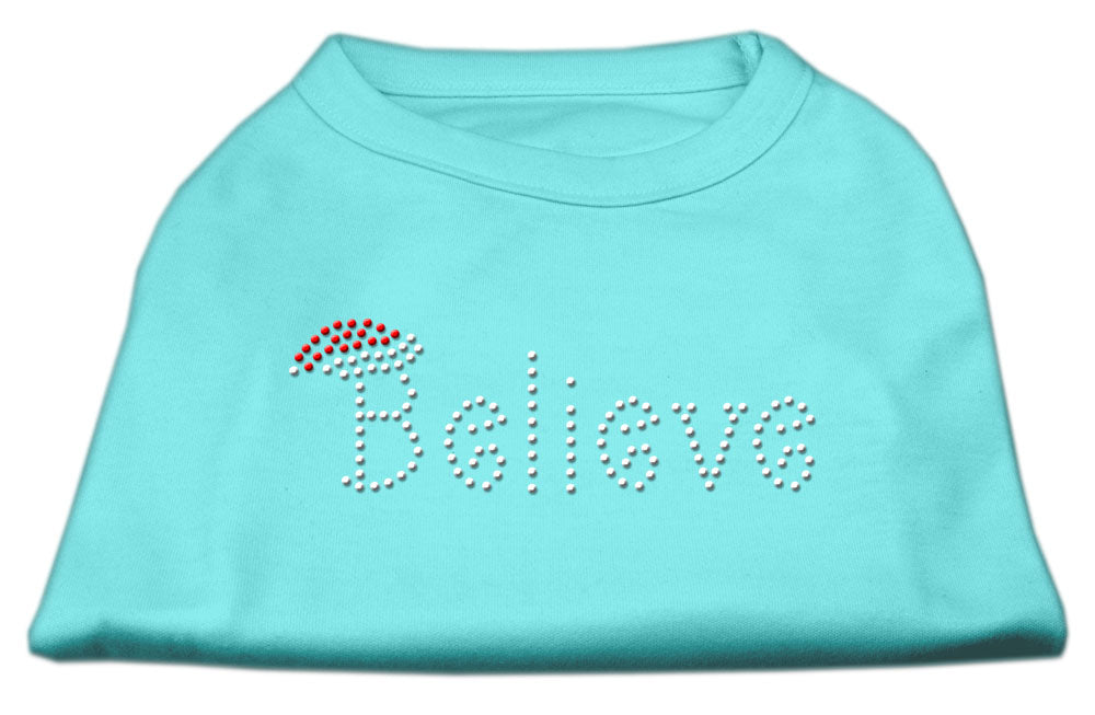 Christmas pet shirt for dogs and cats with rhinestone 'Believe' design, showcasing a festive and stylish look.