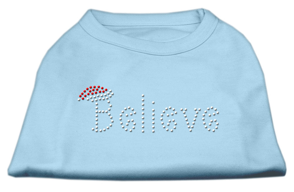 Christmas pet shirt for dogs and cats with rhinestone 'Believe' design, showcasing a festive and stylish look.