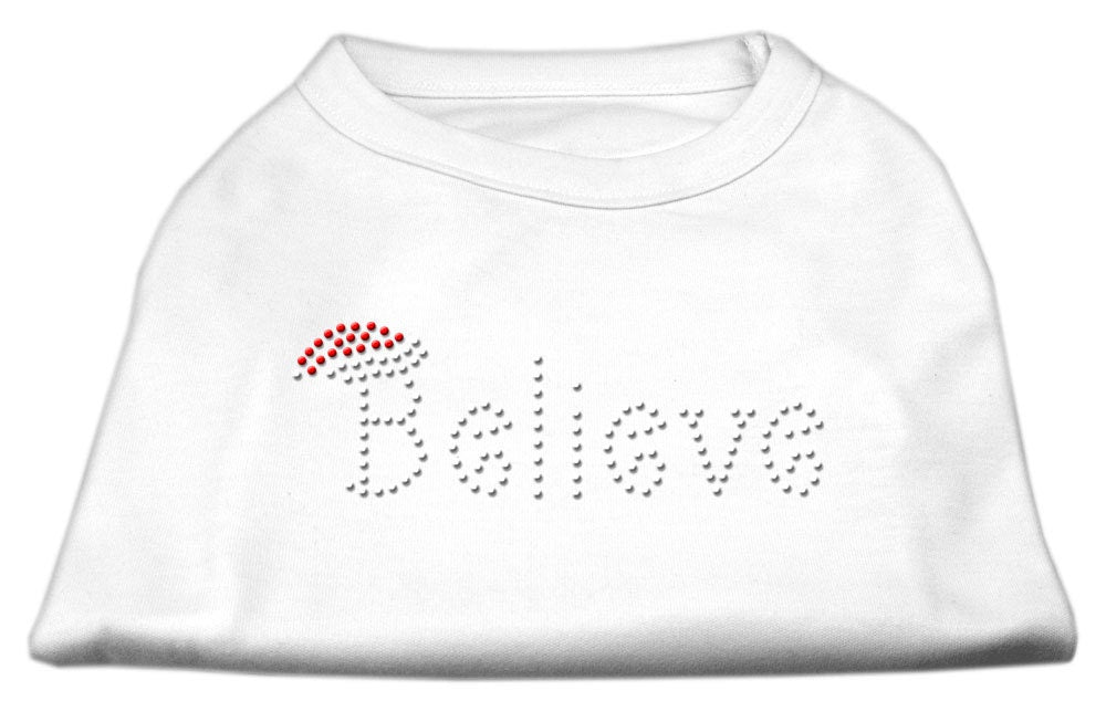 Christmas pet shirt for dogs and cats with rhinestone 'Believe' design, showcasing a festive and stylish look.
