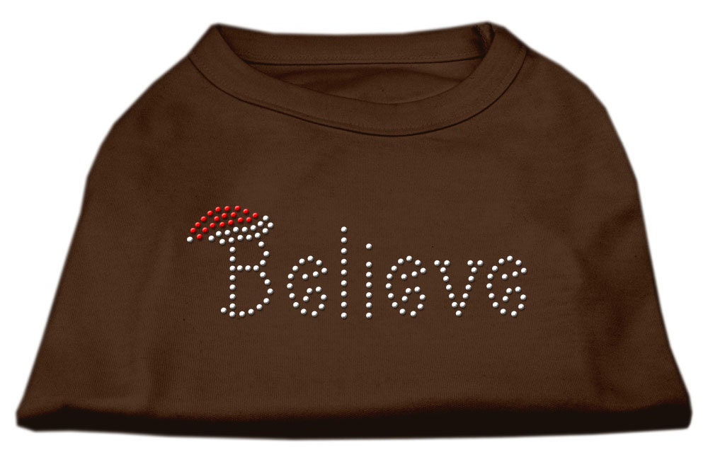 Christmas pet shirt for dogs and cats with rhinestone 'Believe' design, showcasing a festive and stylish look.
