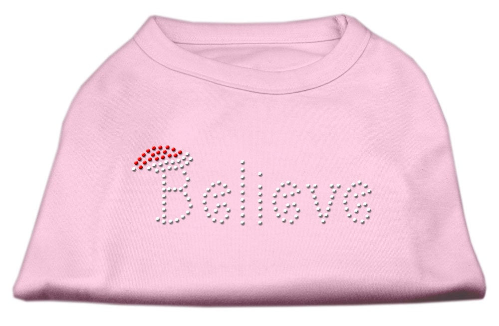 Christmas pet shirt for dogs and cats with rhinestone 'Believe' design, showcasing a festive and stylish look.