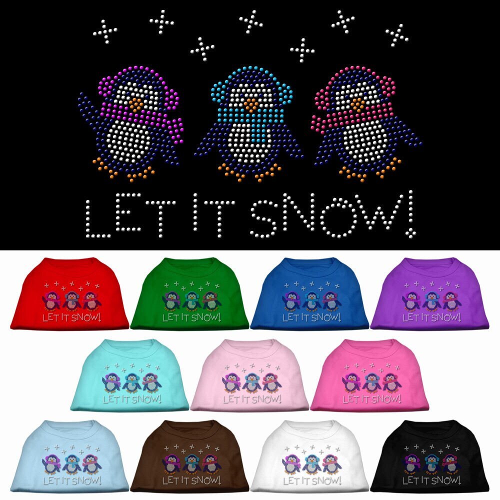 Christmas Pet Dog & Cat Shirt with rhinestone design featuring penguins and the phrase 'Let It Snow', perfect for festive occasions.