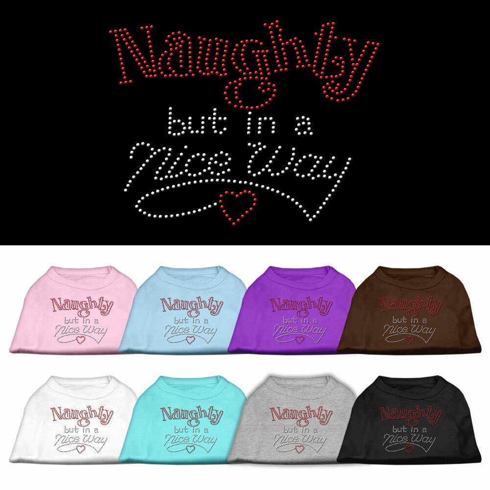 A festive Christmas shirt for dogs and cats featuring rhinestones and the phrase 'Naughty, But In A Nice Way', showcasing its soft fabric and stylish design.