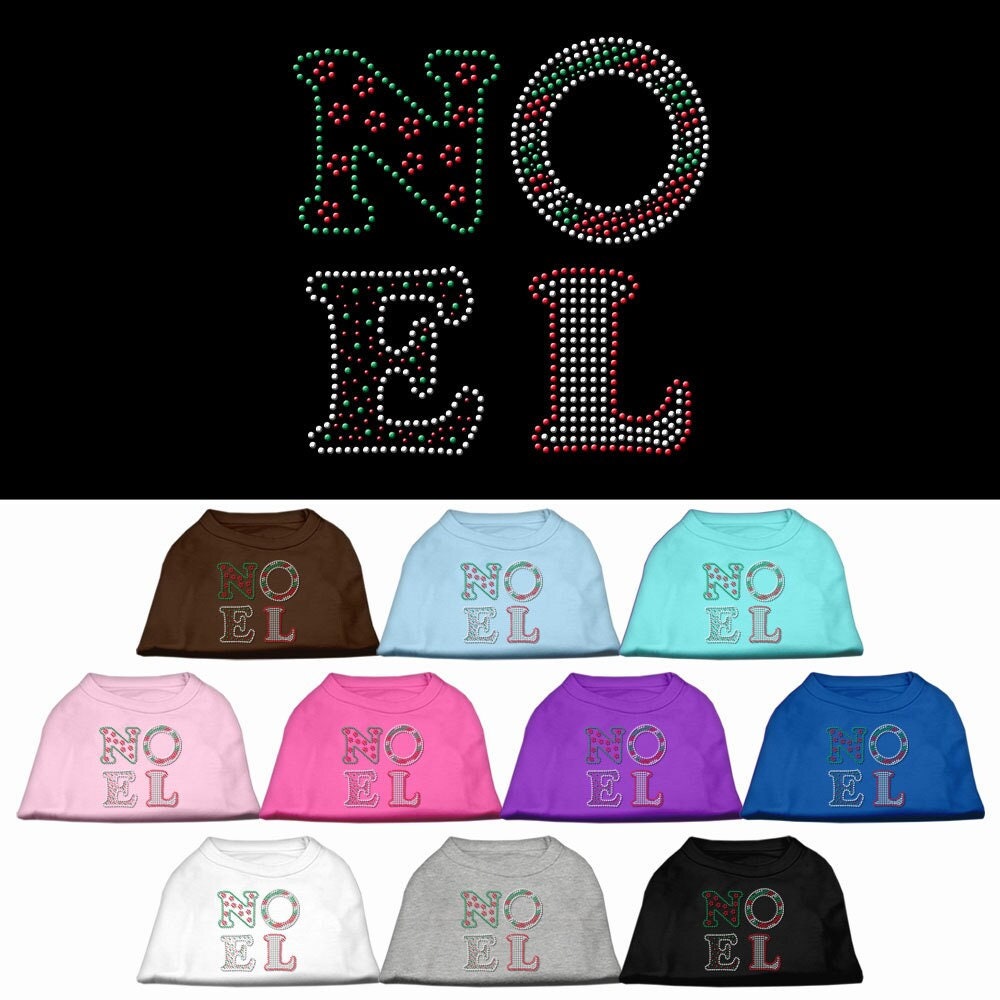 A festive Christmas shirt for dogs and cats featuring rhinestones spelling 'Noel', showcasing a soft fabric blend in a vibrant design.