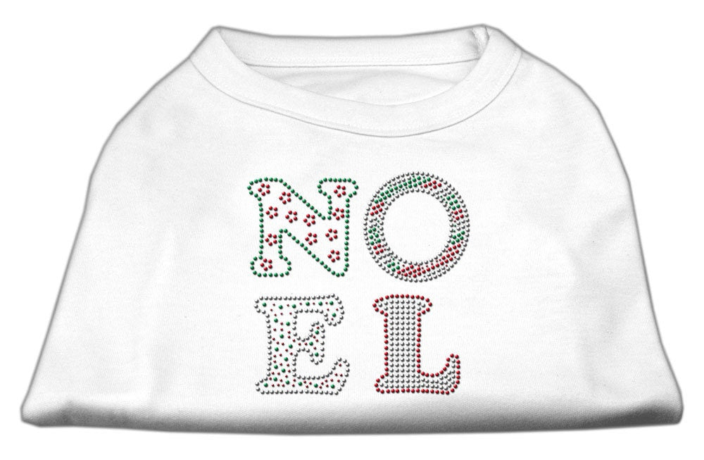 A festive Christmas shirt for dogs and cats featuring rhinestones spelling 'Noel', showcasing a soft fabric blend in a vibrant design.