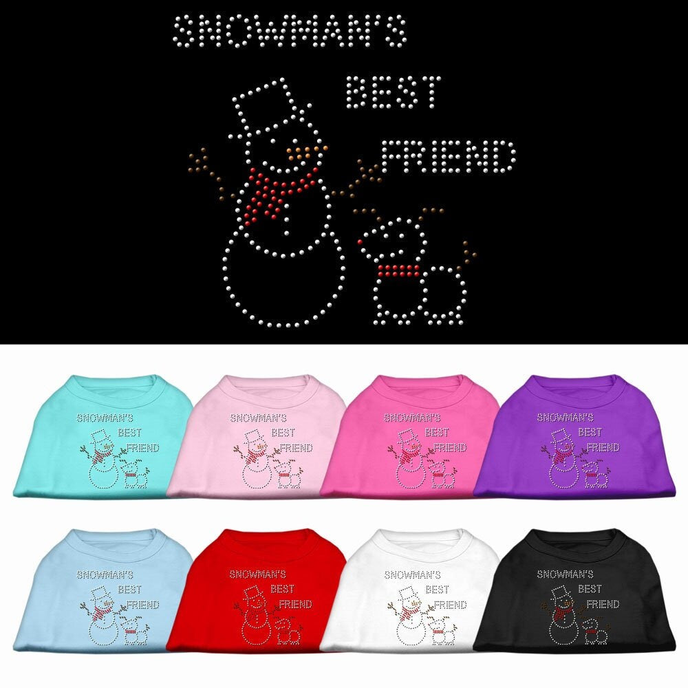 A festive Christmas shirt for dogs and cats featuring rhinestones and the text 'Snowman's Best Friend', perfect for holiday celebrations.