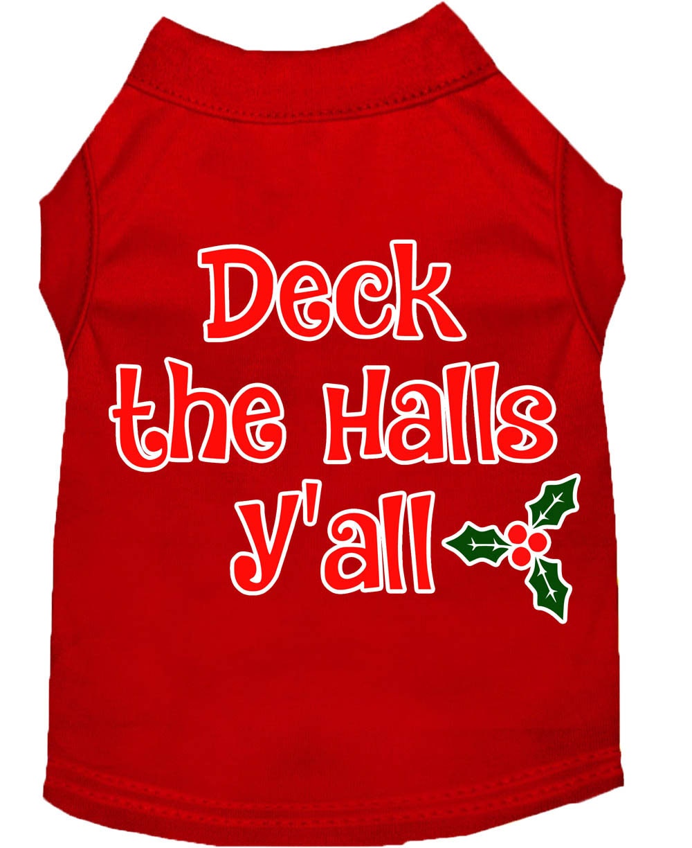 A festive Christmas shirt for dogs and cats, featuring the phrase 'Deck The Halls, Y'all', made from soft cotton-polyester blend.