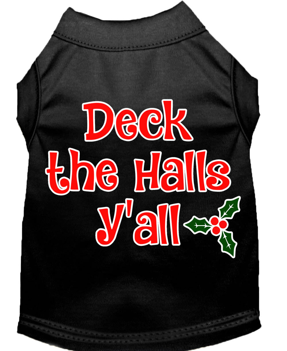 A festive Christmas shirt for dogs and cats, featuring the phrase 'Deck The Halls, Y'all', made from soft cotton-polyester blend.