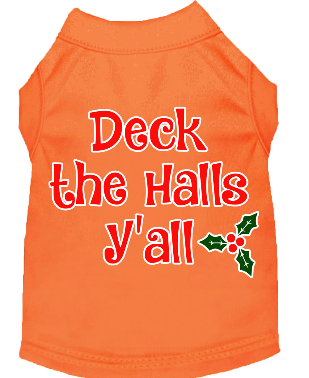 A festive Christmas shirt for dogs and cats, featuring the phrase 'Deck The Halls, Y'all', made from soft cotton-polyester blend.