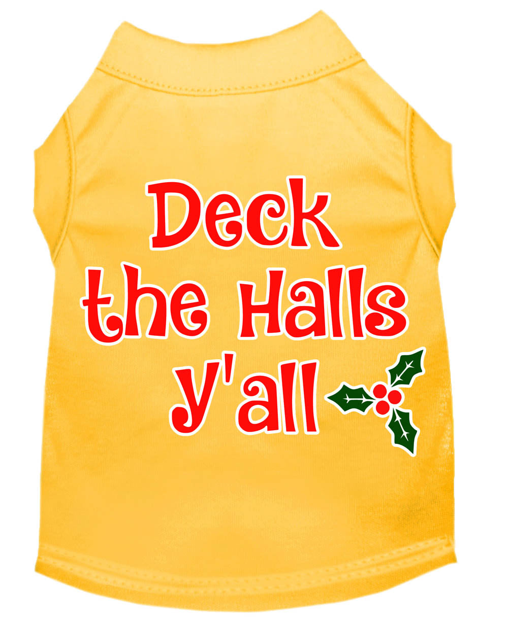 A festive Christmas shirt for dogs and cats, featuring the phrase 'Deck The Halls, Y'all', made from soft cotton-polyester blend.