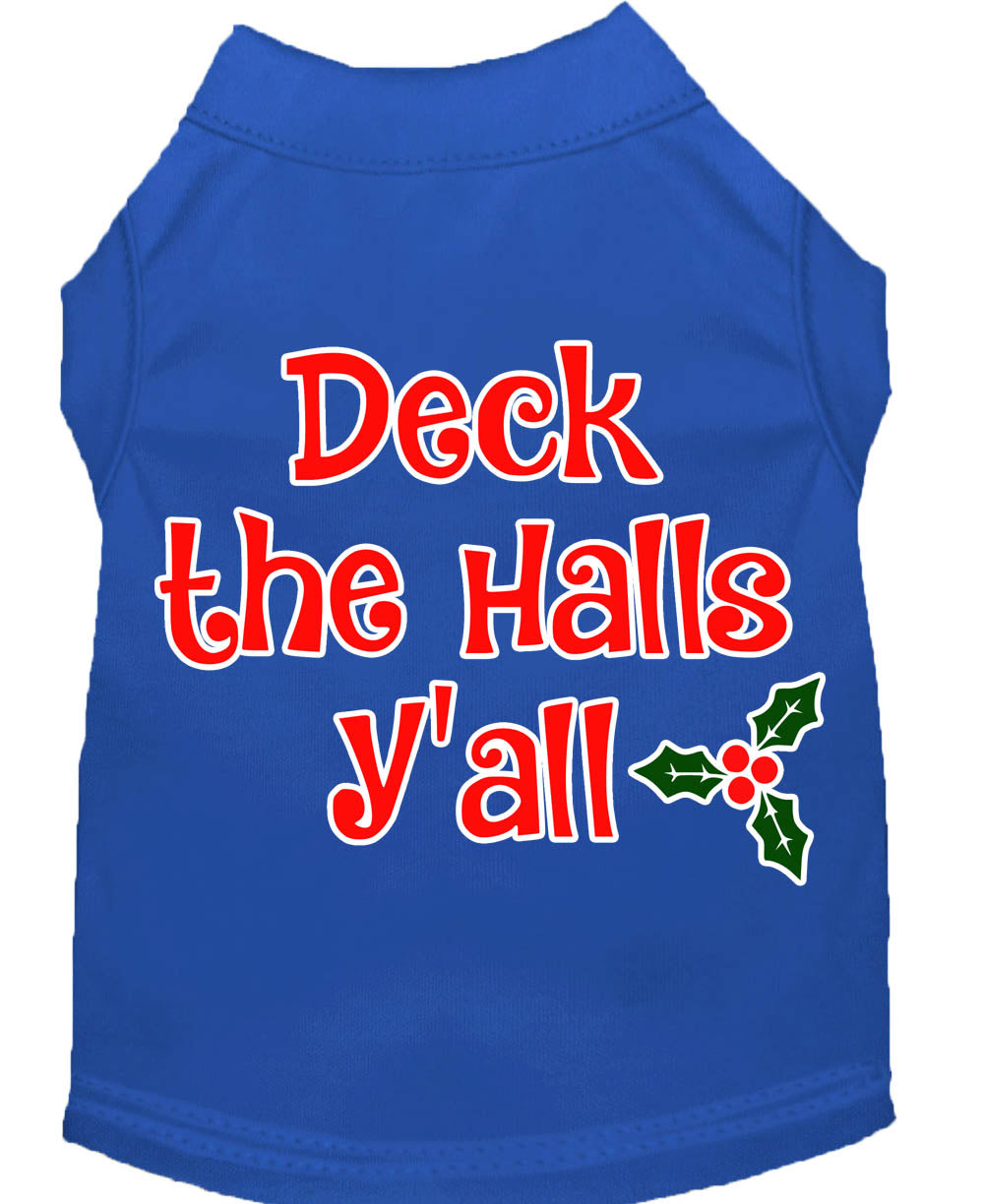 A festive Christmas shirt for dogs and cats, featuring the phrase 'Deck The Halls, Y'all', made from soft cotton-polyester blend.