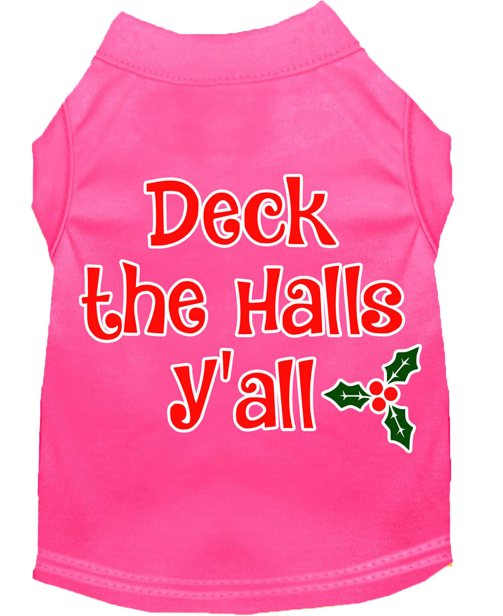 A festive Christmas shirt for dogs and cats, featuring the phrase 'Deck The Halls, Y'all', made from soft cotton-polyester blend.