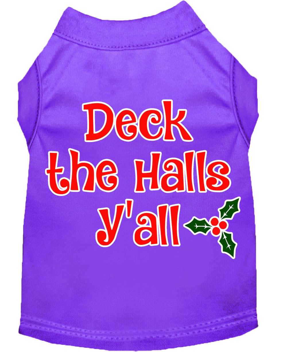 A festive Christmas shirt for dogs and cats, featuring the phrase 'Deck The Halls, Y'all', made from soft cotton-polyester blend.