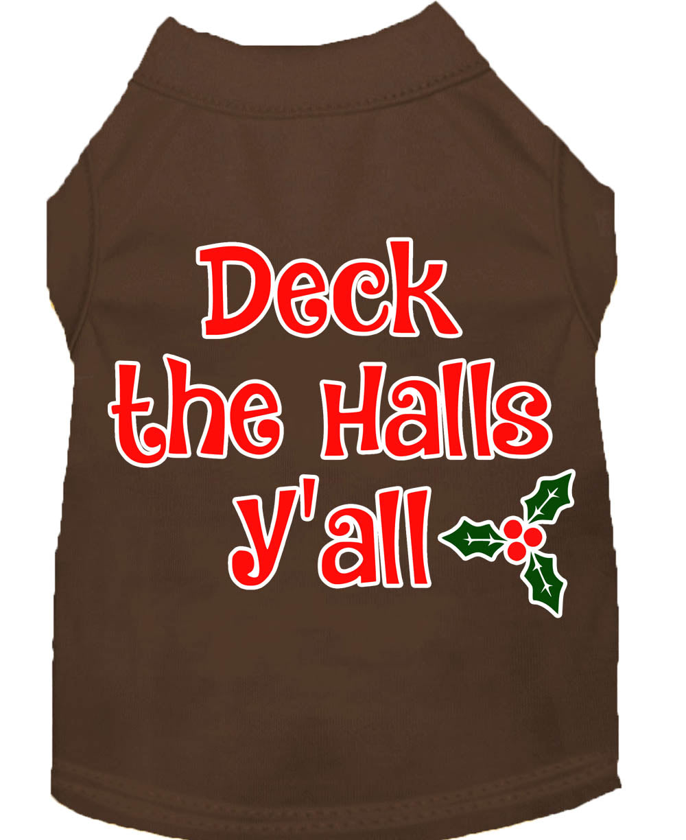 A festive Christmas shirt for dogs and cats, featuring the phrase 'Deck The Halls, Y'all', made from soft cotton-polyester blend.